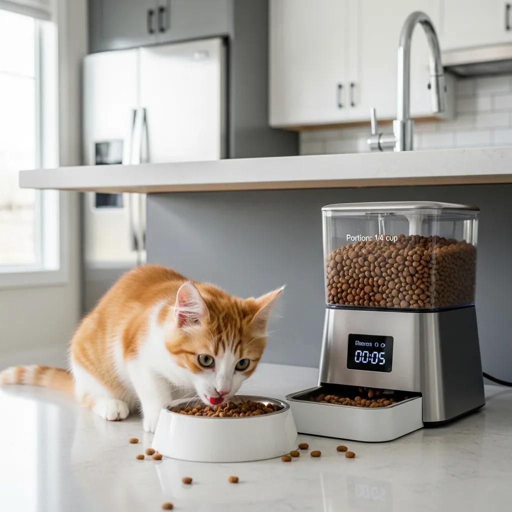 Automatic feeder releasing measured portions of dry food to a healthy, alert kitten
