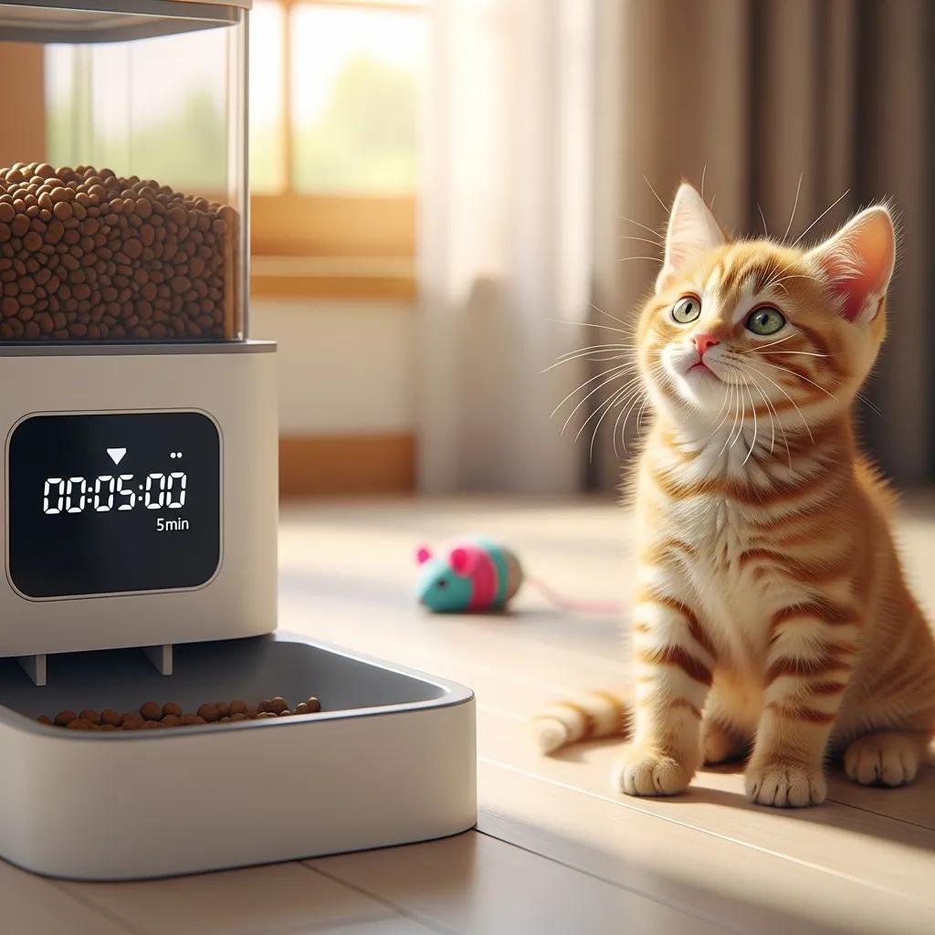Close-up of an automatic feeder with a digital timer and a kitten waiting patiently