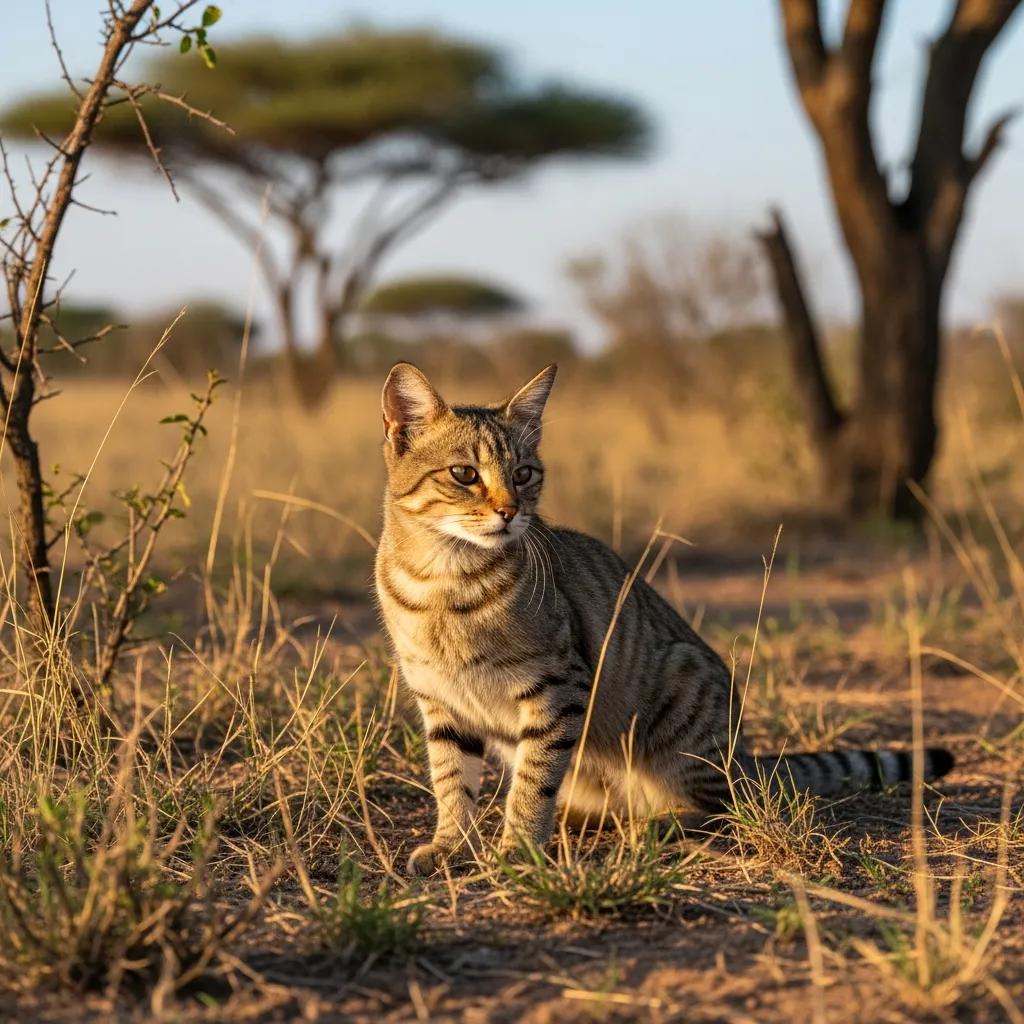 An African wildcat in its natural environment, showing its slim build and camouflaged coat