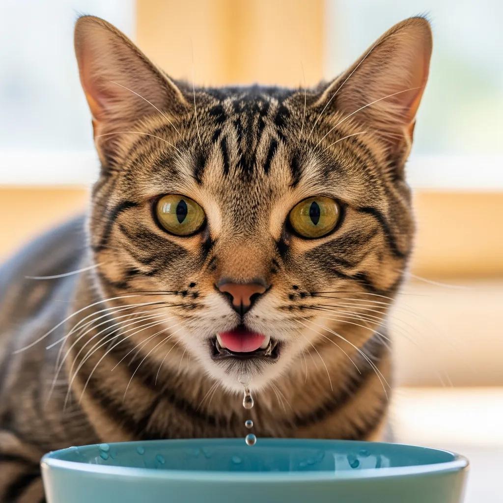 Cat drinking or lingering near a water bowl — a sign to watch for