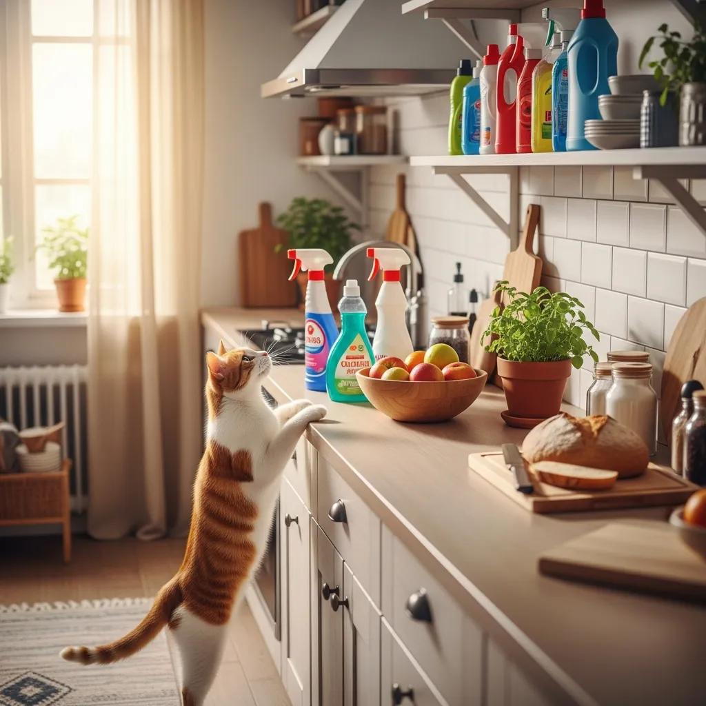 Curious cat exploring a kitchen with household items, highlighting safety and prevention for pet owners