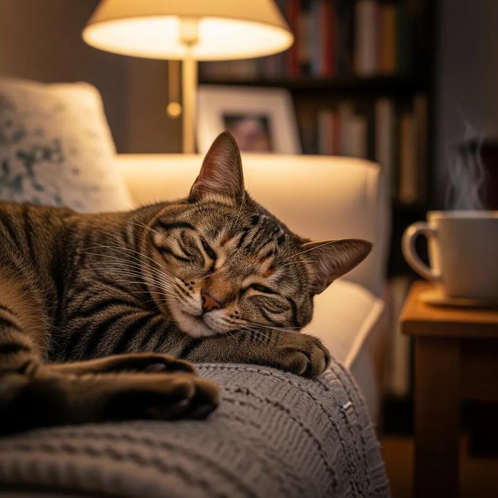 Domestic cat relaxing in a cozy home, symbolizing the bond between humans and felines