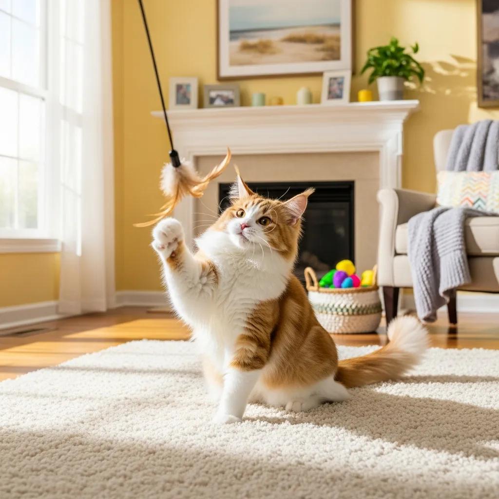 Content purebred cat playing in a bright room after grooming, illustrating the wellbeing benefits of regular professional care