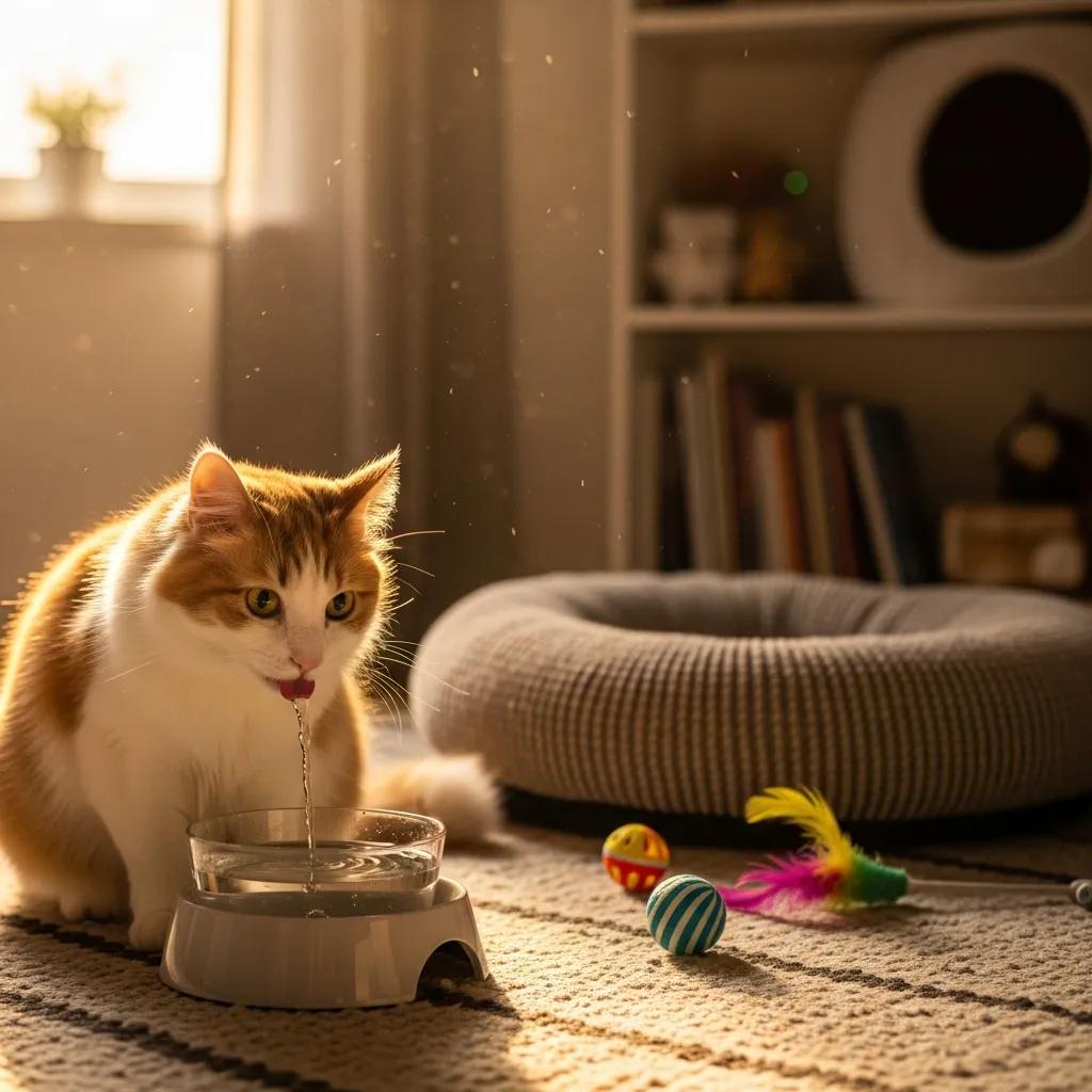 Healthy cat by water bowl in a cozy home, symbolizing feline kidney health