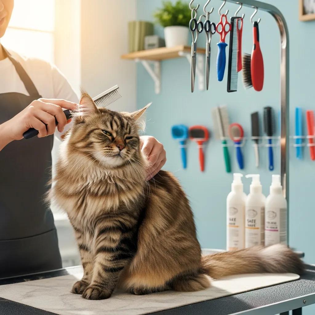 Purebred cat being groomed in a professional salon, highlighting the importance of grooming for health and well-being